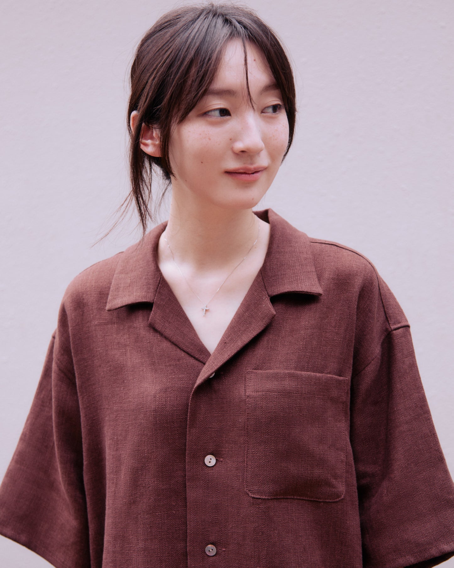 HEAVY LINEN RESORT S/S SHIRT -BROWN-