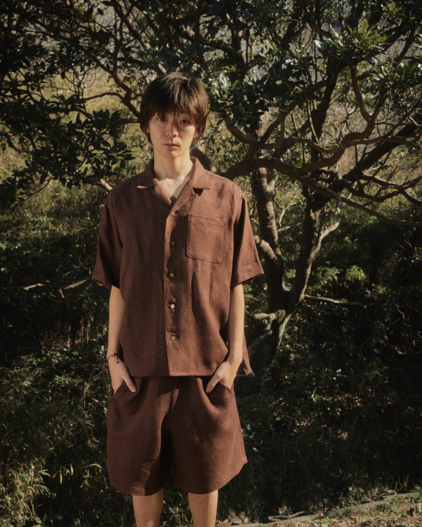HEAVY LINEN RESORT S/S SHIRT -BROWN-