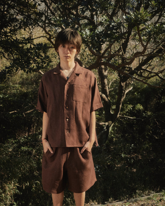 HEAVY LINEN RESORT S/S SHIRT  -BROWN-